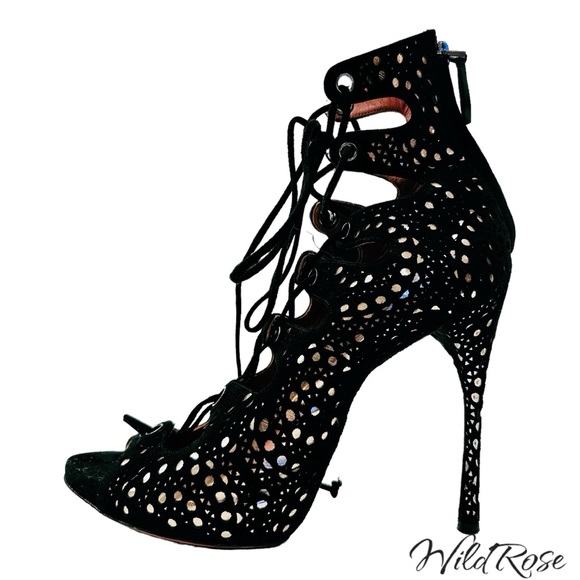 ALAIA AZZEDINE LASER CUT OUT BLACK SUEDE  GLADIATOR BOOTIE HEELS SZ 37.5 - Picture 4 of 17